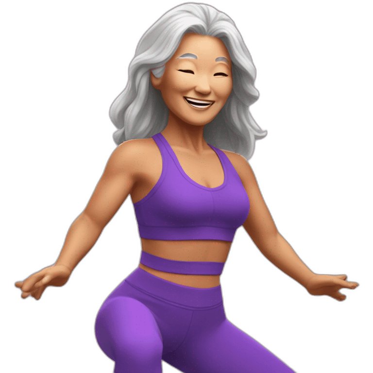 Long hair Asian senior woman in sexy purple yoga cloth dancing Zumba emoji