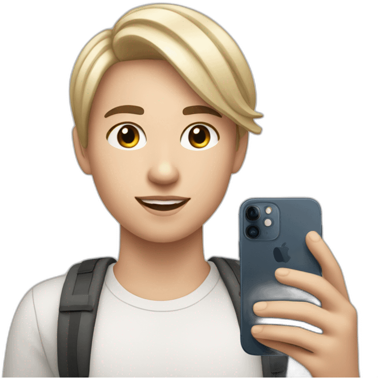 White teen with short hair taking a selfie with an iPhone 15 Pro emoji