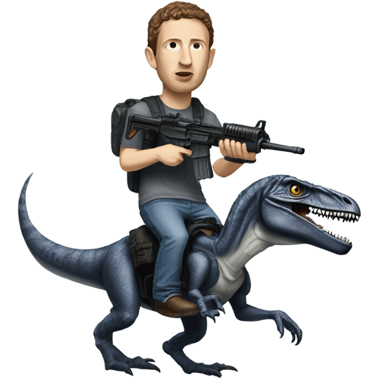 Mark zuckerburg riding a velociraptor with a machine gun emoji