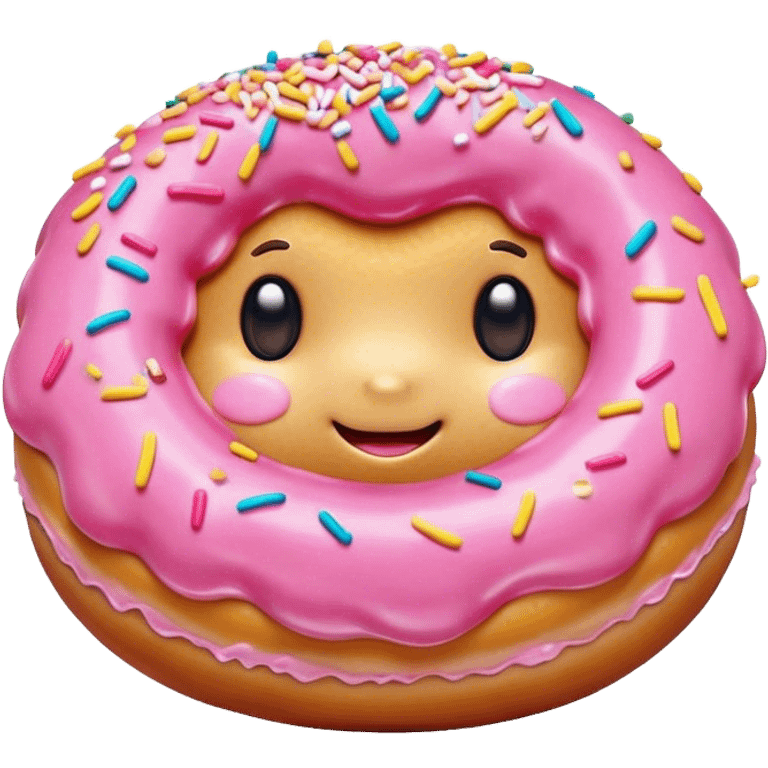 Cinematic tiny happy donut, round and fluffy, golden brown with pink icing and sprinkles, tiny adorable face with blushing cheeks, warm glowing background. emoji