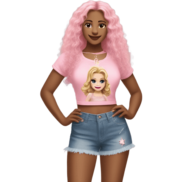 Glinda wearing a pink Shakira lace up croc top and short jeans  emoji