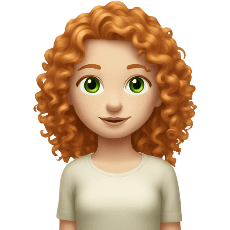 a ginger curly girl with long hair, delicate freckles and face, green eyes and elegant aesthet emoji