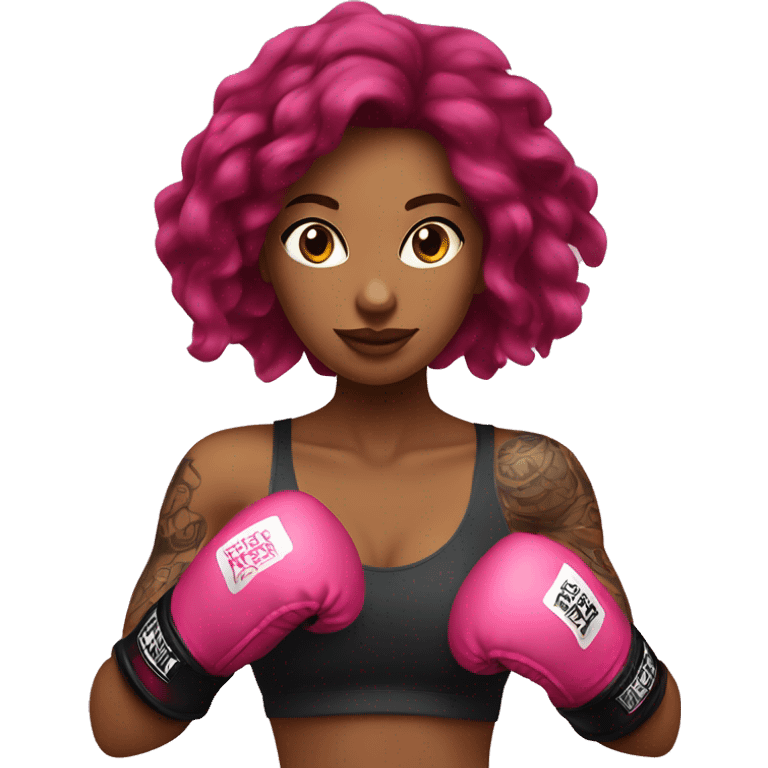 Beautiful tattooed  burgundy long haired woman boxing with pink gloves emoji