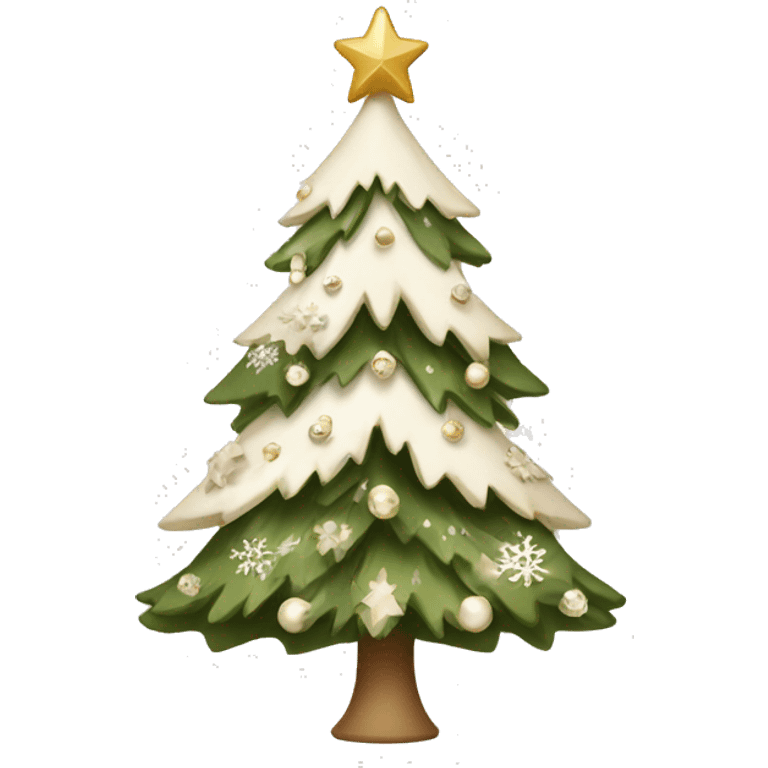 A Christmas tree with white and beige decoration and snowflakes  emoji