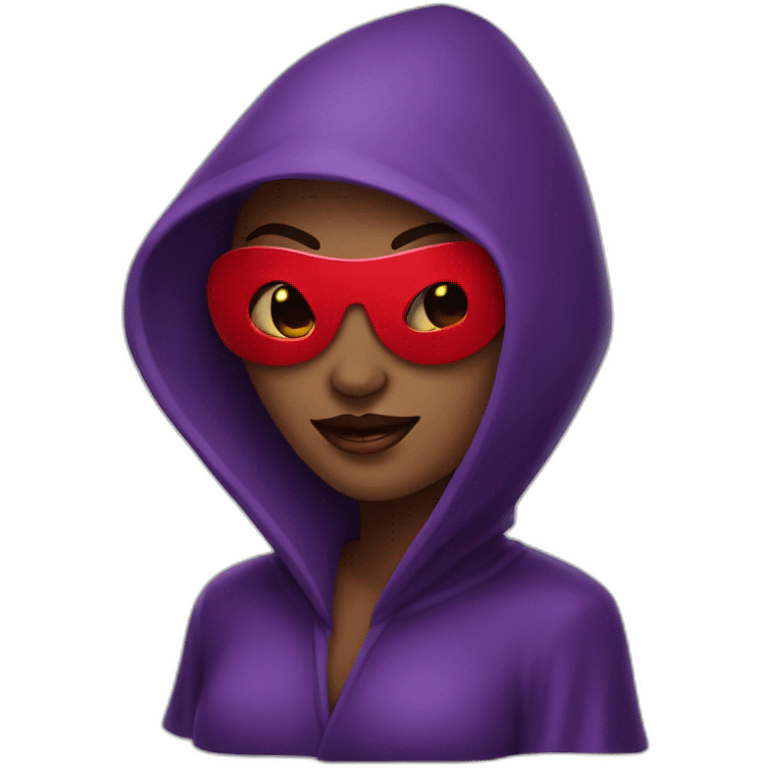 Woman, purple hodded robe, hood covering eyes, red lips, wicked grin emoji