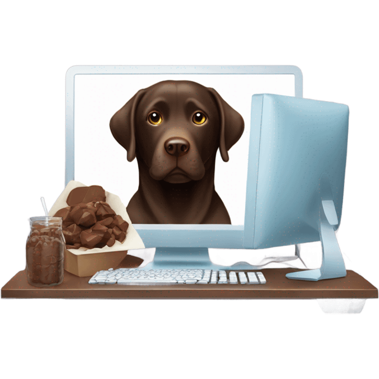 Chocolate lab working on computer with small headset , food on desk emoji