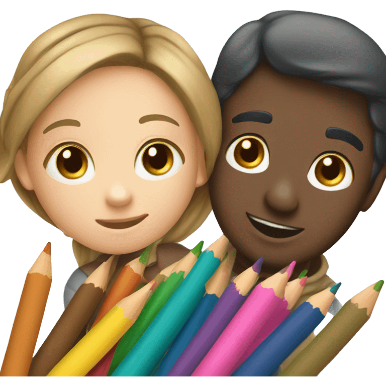 stick art boy and girl using colored pencils emoji