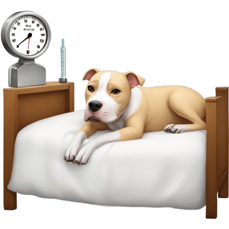 Pitbull in bed with thermometer in mouth emoji