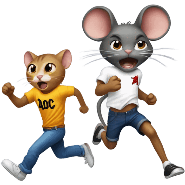 a mouse being chased by a cat with ac/dc shirt on emoji