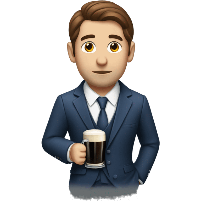 Sad Caucasian man with brown slick hair wearing a blue pinstripe suit drinking a Guinness by himself emoji