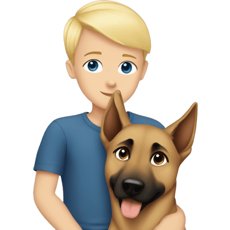 blond boy with blue eyes cute  cuddling a malinois emoji