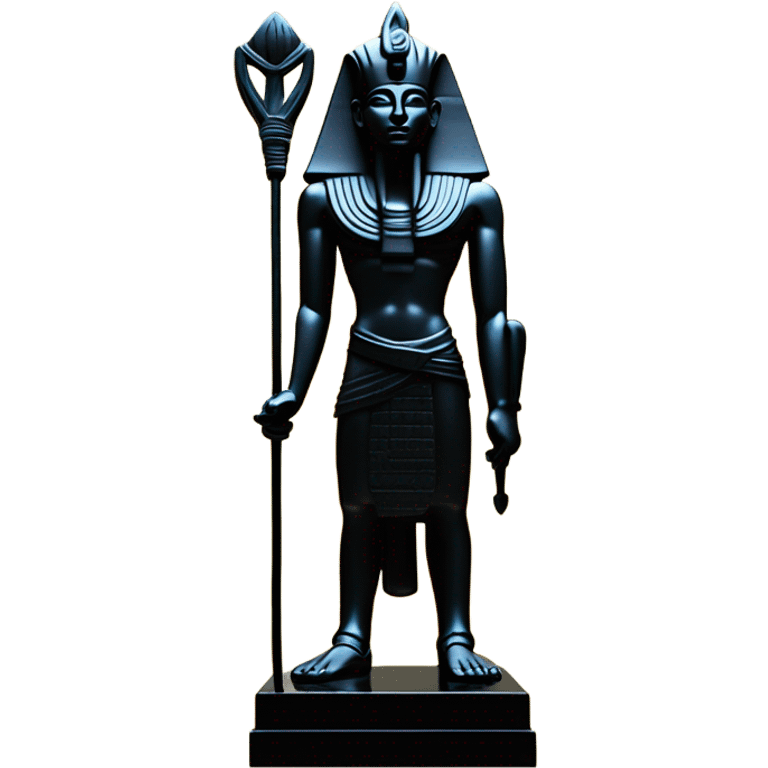 Osiris crook and flail obsidian statue on granite 30 ton brick, massive size, sunlight behind, sunset colors, reflections on black stone polished clean perfect, photography angles emoji