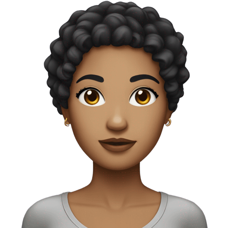 Curvy female with medium long black curly hair light skin and eyes are black with black aye eyebrows and two small moles on her chin  emoji