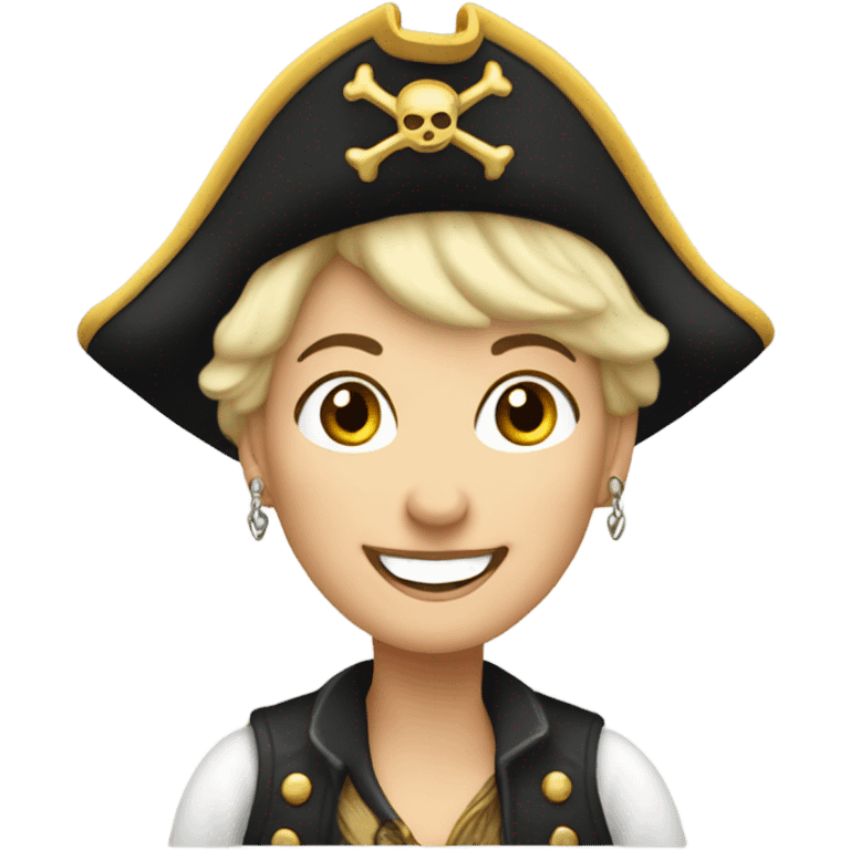 smiling older white woman with earrings and short blond hair wearing  pirate hat emoji