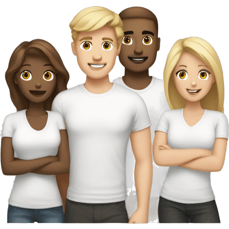 Digital team emoiji consisting of 2 women and 3 men. One blonde woman, one blond man, rest brown hair. All white in tshirts. emoji