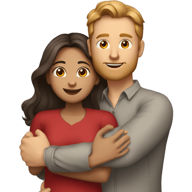 A taller Indian woman with long hair and tight fitting gray colored clothes (darker tights) hugs a shorter white man with a red shirt and brown hair emoji