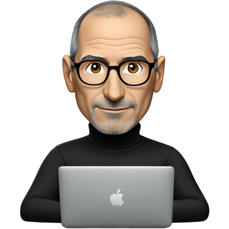 Steve Jobs wearing a black turtleneck using a MacBook. facing forward emoji