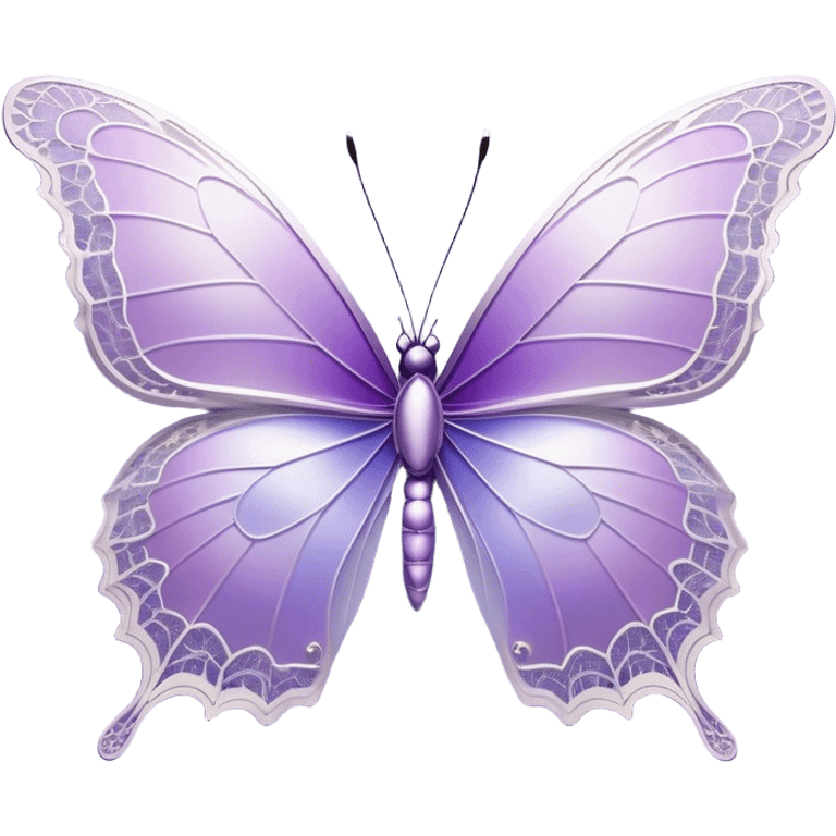  A beautiful, aesthetically pleasing butterfly with lilac and ice-purple wings, with an intricate lace-like pattern around the edges and subtle iridescent accents that shimmer in the light. The wings should have a gradient effect, going from a delicate lilac at the base to a deep ice-purple at the tips. The body of the butterfly should be slender and elegant, with delicate silver details to enhance its ethereal appearance. emoji