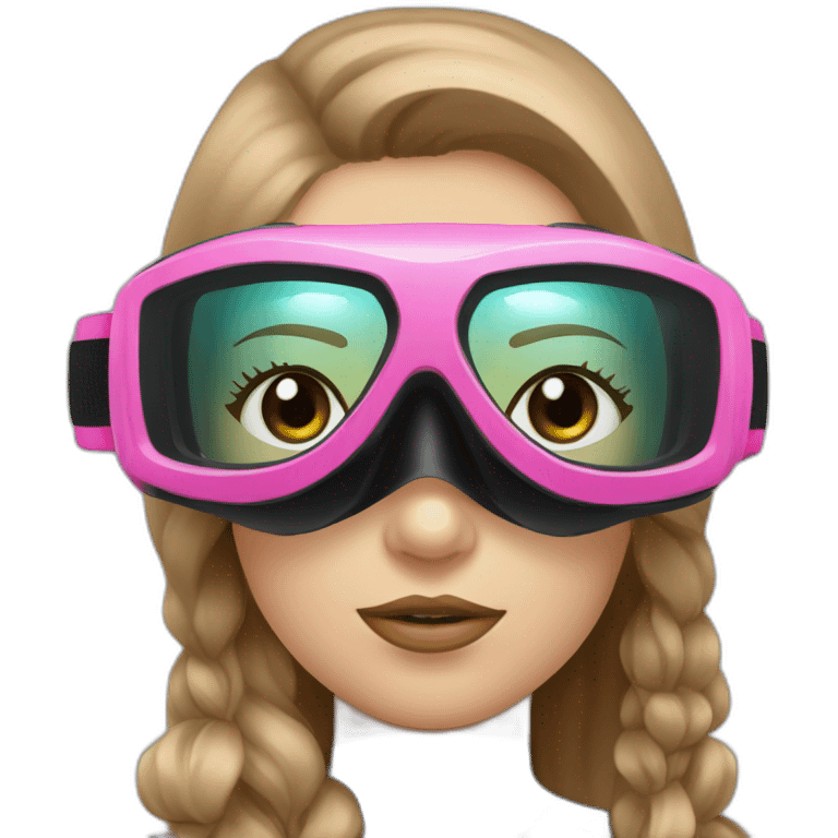 woman large light brown and straight hair, black and pink diving mask with a single crystal, tourquese eyes, scubadiving gear emoji