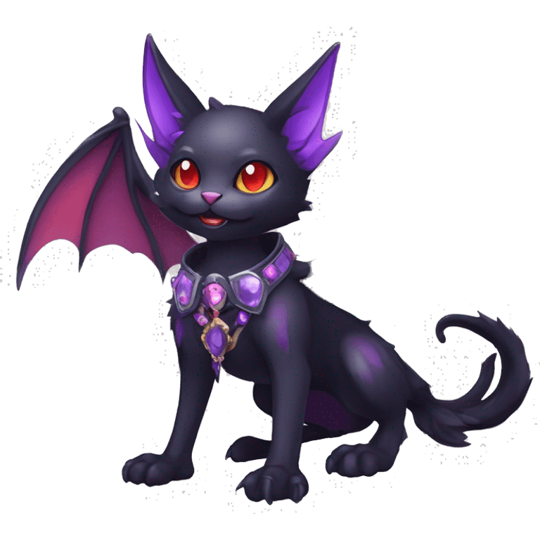 cool kawaii edgy evil black purple red ethereal fantasy beautiful elegant nargacuga-bat-cat-Fakemon wearing legs spats a collar harness with jewelries full body emoji