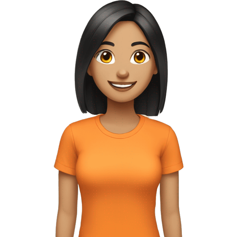 happy woman, black straight hair, light skin color, orange t-shirt, do it peace and love simbol with her hands emoji