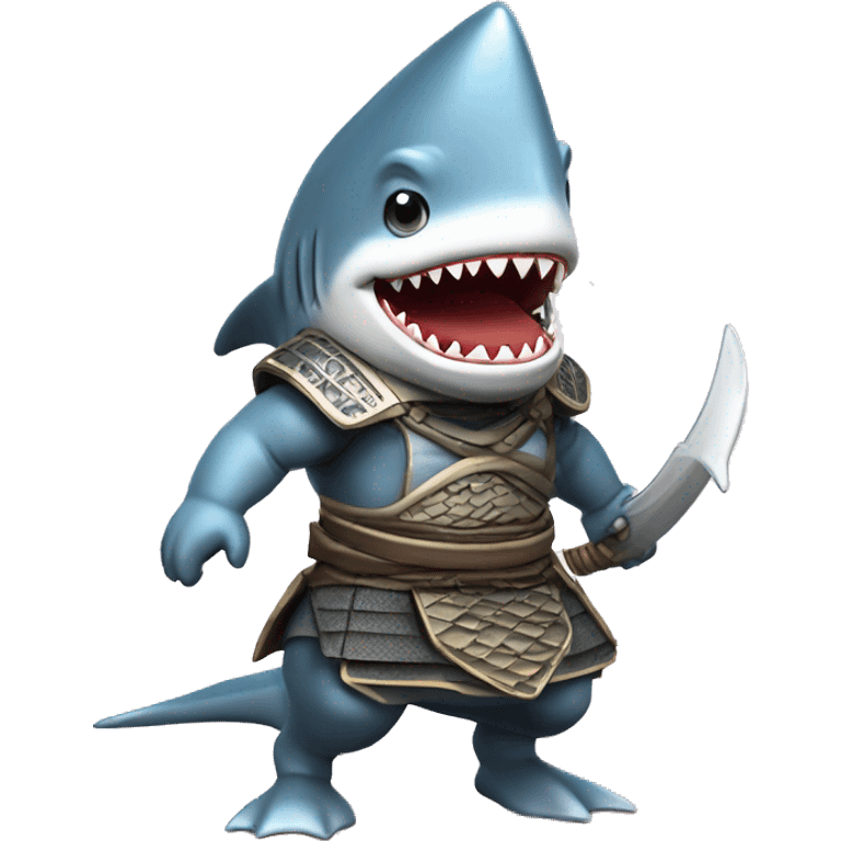 A fully chromed figurine of a shark in a samurai outfit. emoji