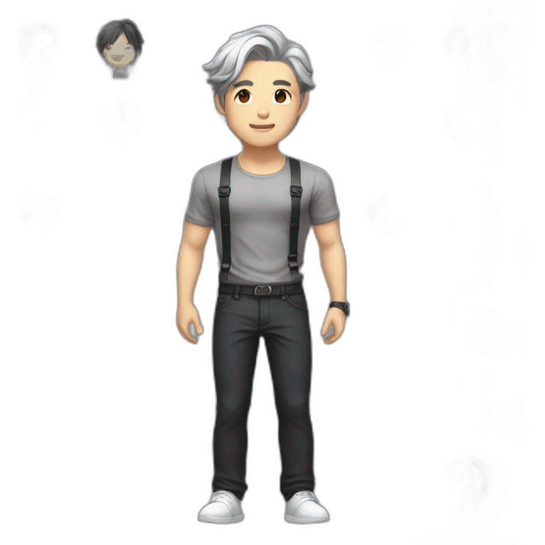 Chinese idol wearing white straps, gray pants and black shirt with gray hair emoji