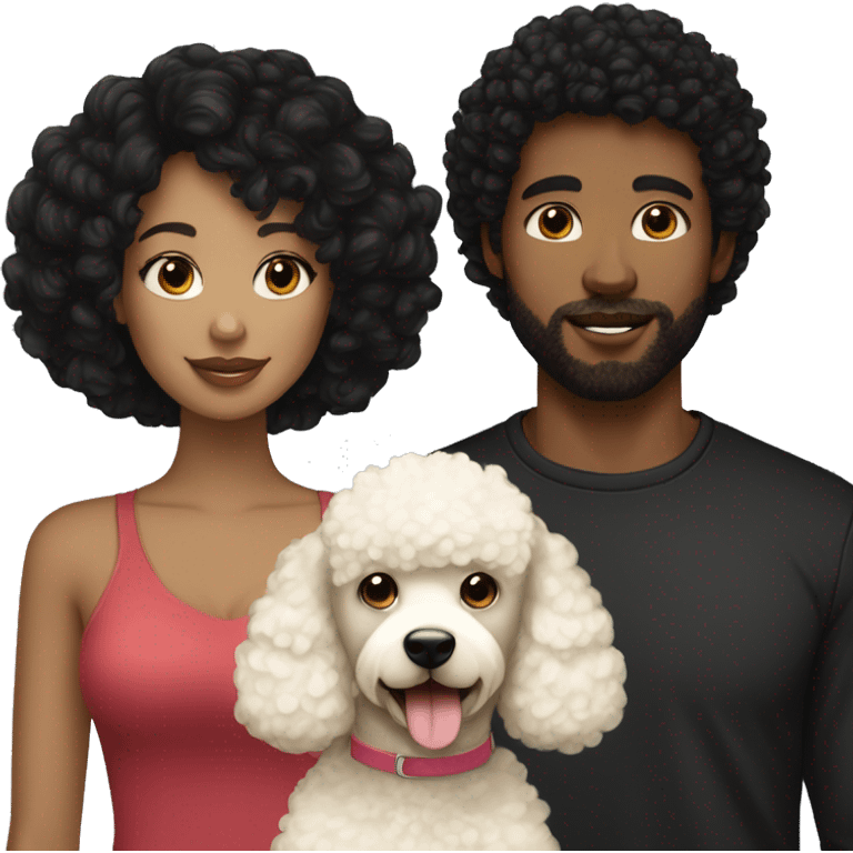 woman with black curly hair, her blonde hair boyfriend and her cream poodle  emoji