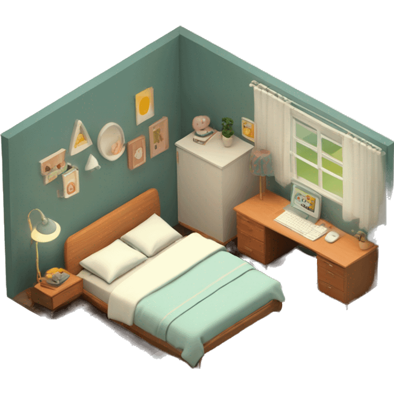 isometric-3d-cute-small-bedroom-mid-century modern-interior emoji