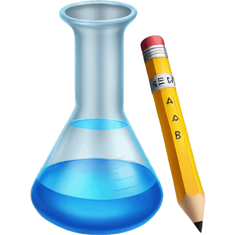 Pencil on paper taking a test with a beaker with a blue chemical on the side emoji