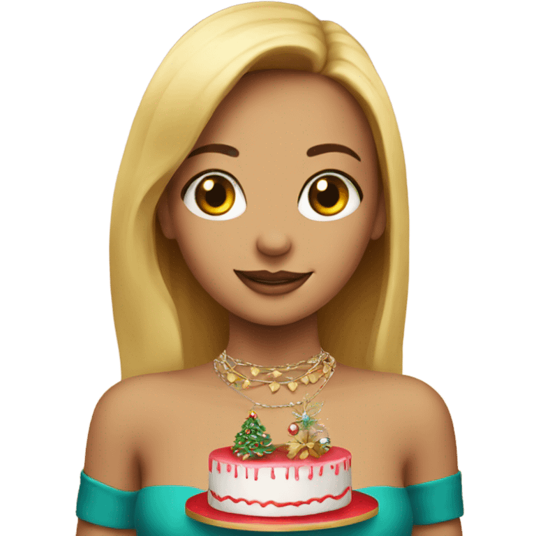 girl with cake and jewelry with christmas tree emoji