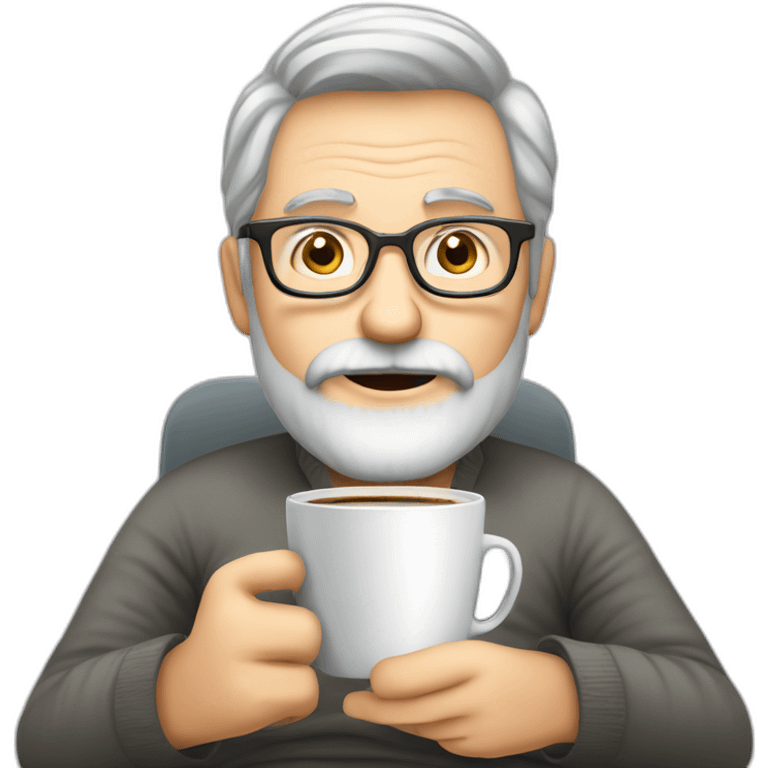 Gray Bearded 50 years  man, glasses, perspective armchair, Reading at home, drinking a coffee emoji