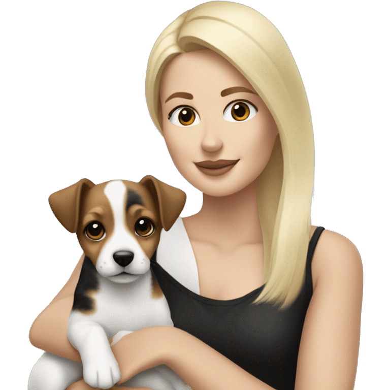 Blonde woman holding a black brown and white jack russell terrier puppy emoji