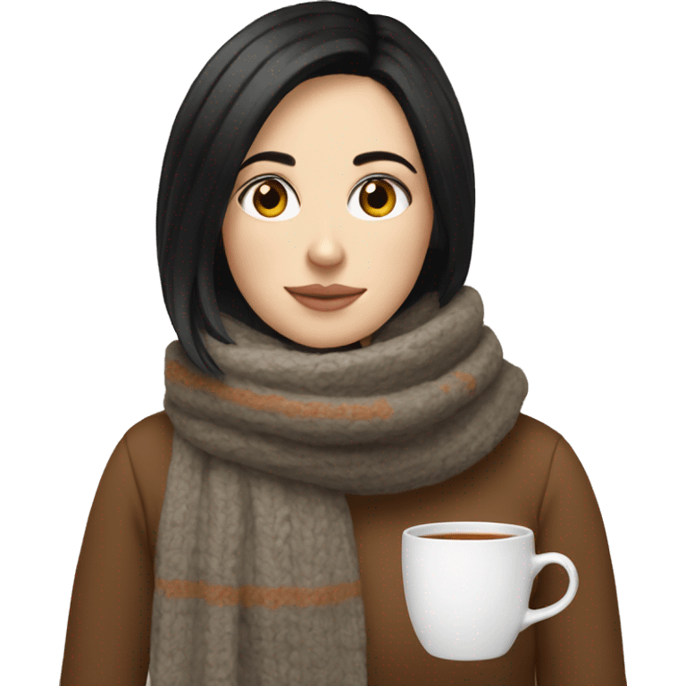 White girl black hair in a sweater and scarf sipping tea  emoji