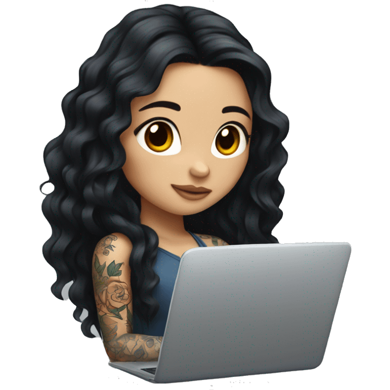 beautiful girl, with arm tattoos, with long black hair, wavy hair, chinese, with laptop emoji