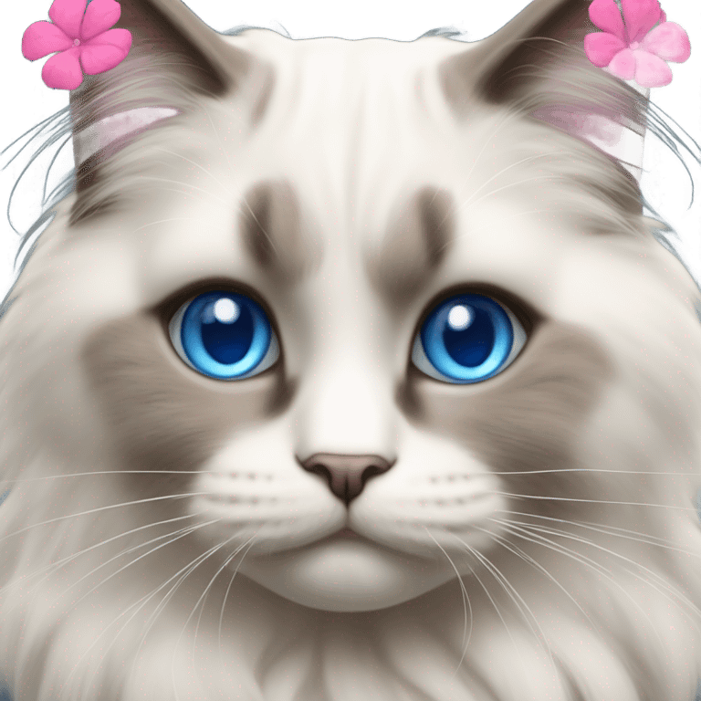 Realistic ragdoll cat with blue eyes wearing pink flowers  emoji