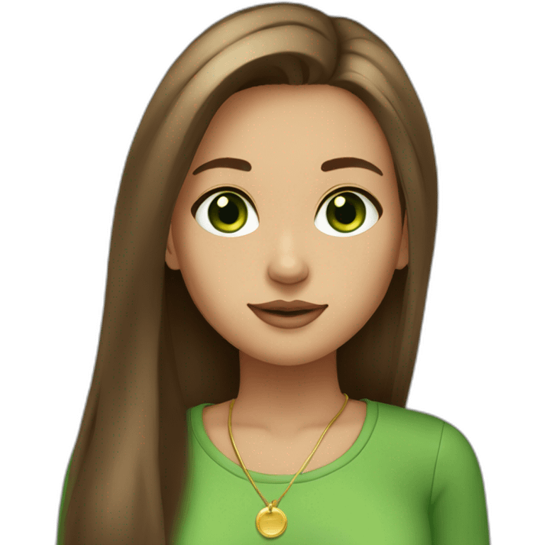 Cute girl with straight long brown hair (middlepart), green eyes, gold earrings and a green shirt. She ist looking fabulous btw emoji