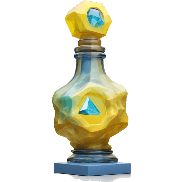 symbolic clouds in a bottle sculpture symbolizing Gemini with a geometric, faceted design. The bottle is standing upright with angular and baroque features. The vibrant yellow lightning colors highlights the sharp edges and planes.  emoji