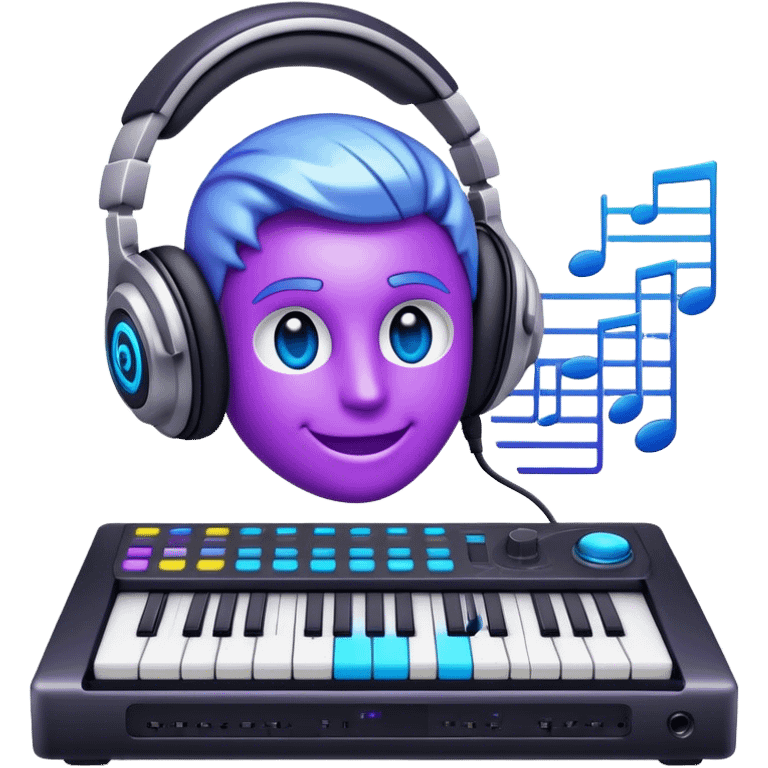 Create a sleek and modern emoji that represents sound design. The design should feature sound waves made from musical notes, a sound mixing console, and a pair of studio headphones to symbolize the process of creating and shaping sound. Include elements like a synthesizer or audio effects buttons to highlight the creative tools used in sound design. Use futuristic colors like neon blue, purple, and silver to convey the cutting-edge, experimental nature of sound creation. The background should be transparent. emoji