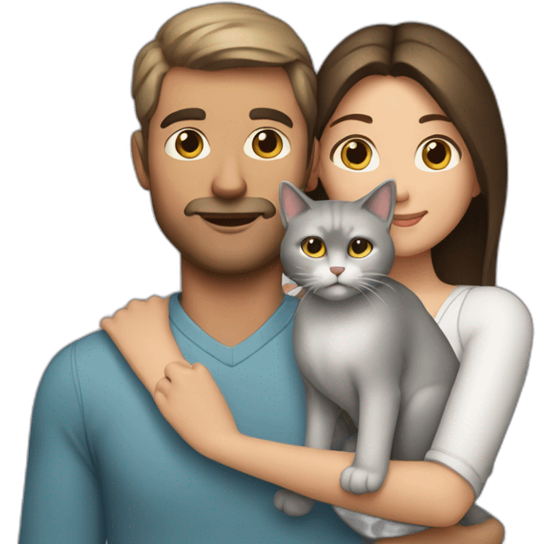 white brun man and brunette woman with a big gray cat in their arms emoji