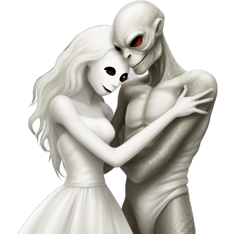 Alien reptilian woman in white dress hugs and kissing "white male human man" emoji