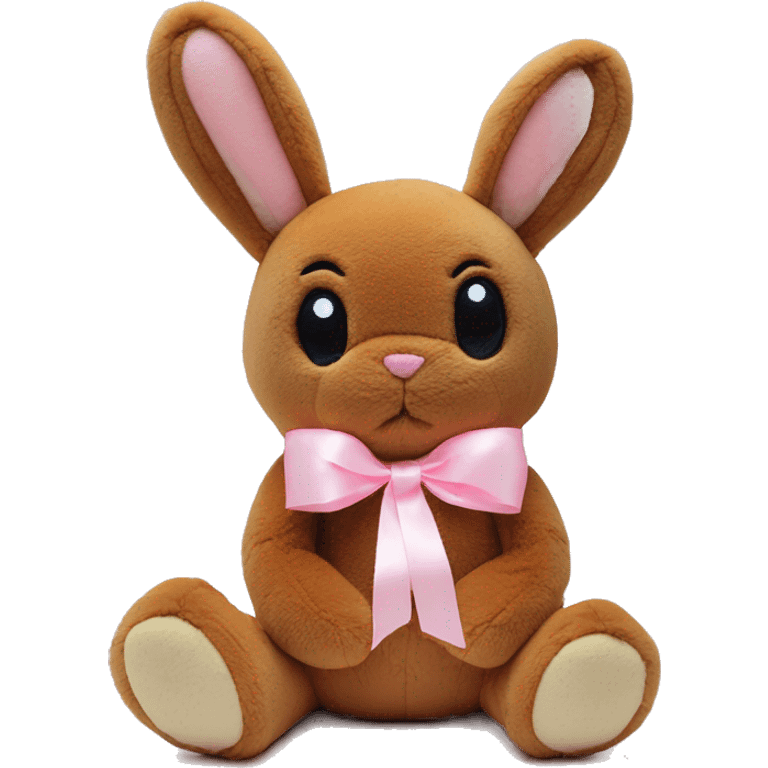 Pastel brown stuffed bunny plushie with pastel pink ribbon on one of the bunnies ears emoji