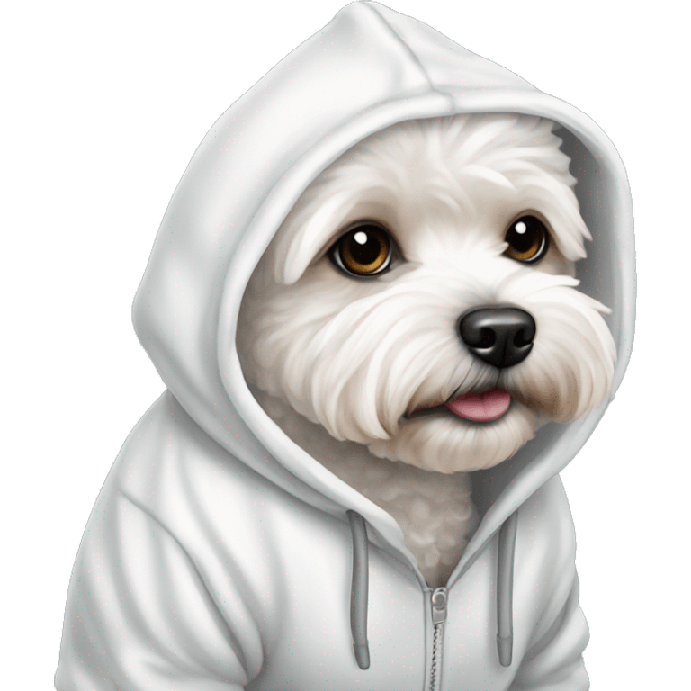 White maltipoo wearing a hoodie emoji