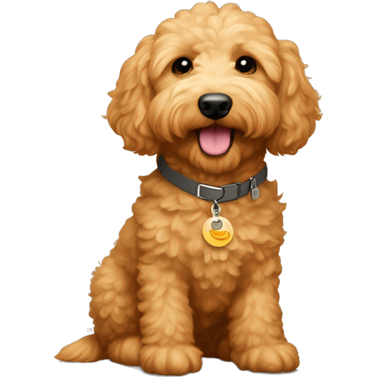 Mini goldendoodle with apricot colored fur, neutral collar and dog tag says “autumn” emoji