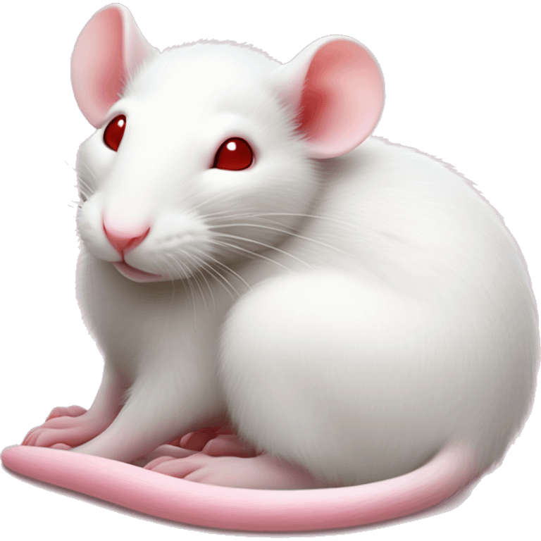 Realistic white rat with small ears, bright red small eyes and baby pink long tail wrapped around body and baby pink paws in sleeping position neutral face eyes open body is lying down curled up asleep but awake emoji