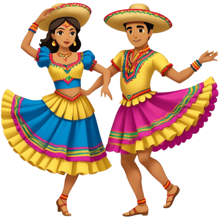 Cinematic Realistic scene of two dancers performing Cumbia, adorned in colorful traditional Colombian costumes with intricate details, captured in rhythmic motion with lively, festive lighting emoji