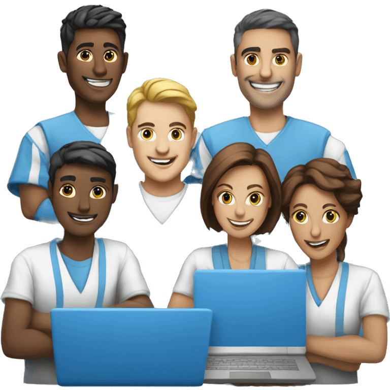 Teamwork with laptops in blue color emoji