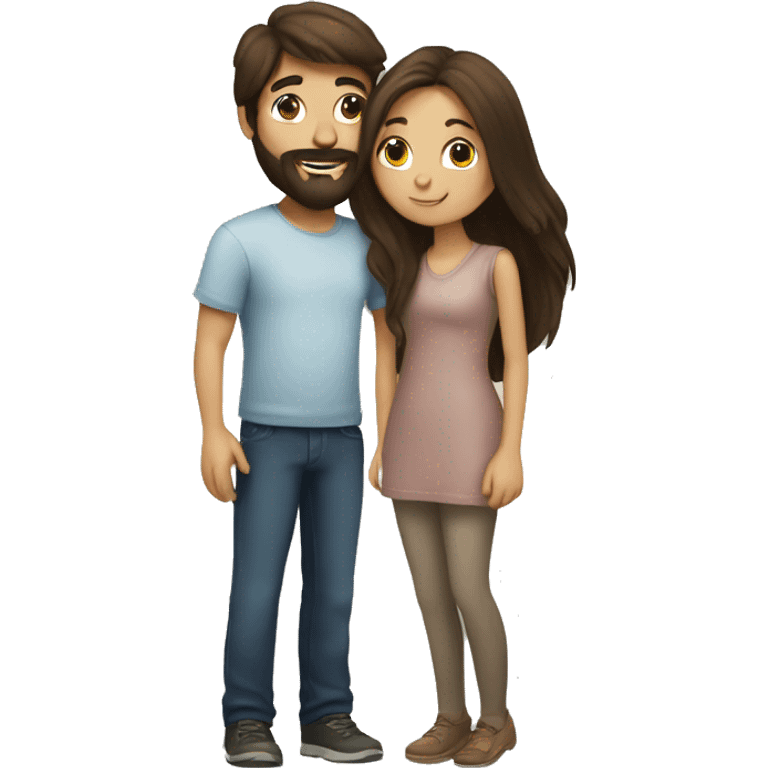 Brunette happy couple boy with beard and girl  with long hair kissing emoji