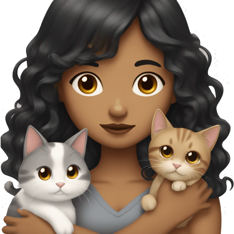 TAN SKIN GIRL with long black wavy hair and bangs HUGGING HER LIGHT BROWN, GRAY, and WHITE CAT  emoji