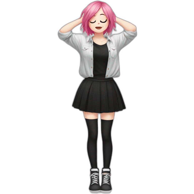 Full body Front view curvy emo girl pink hair sits on the floor straight view hands up black skirt полосатые рваные чулки emoji